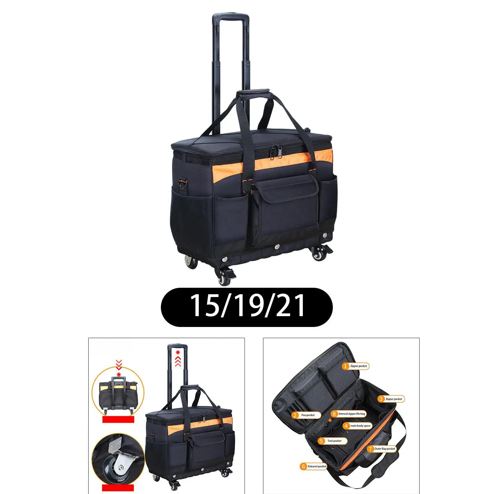 Rolling Tool Bag with Wheels Wear Resistant Easy to Use Practical 21 Pockets with Handle Accessories for Men Construction