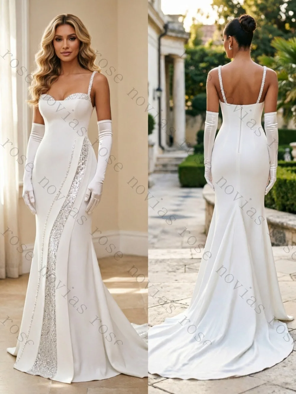 Customized Spaghetti Strap Sweetheart Mermaid Shiny Rhinestone Side Panel Satin Chapel Train Elegant Fitted Bridal Gown Wedding