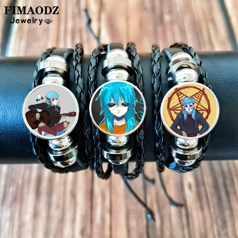 2022 Sally Face Guitar Leather Bracelet Adjustable Bangles Anime Cosplay Figure Pattern Glass Button Black Woven Bracelets