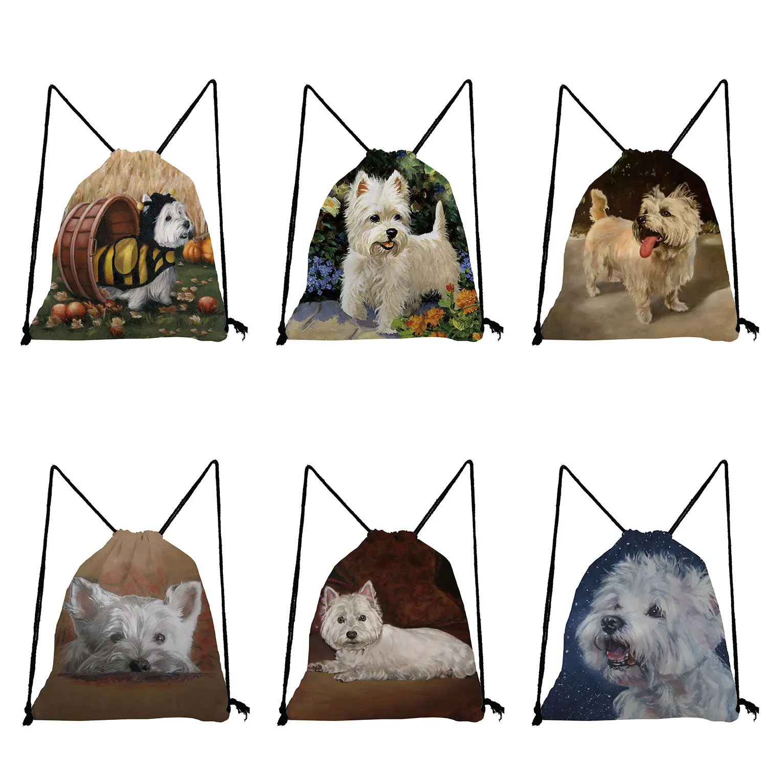 Art Oil Painting Cartoon Dog Backpack Cute Animal Printed Drawstring Bags Teenager Girls Bookbag Eco Reusable Travel Storage Bag