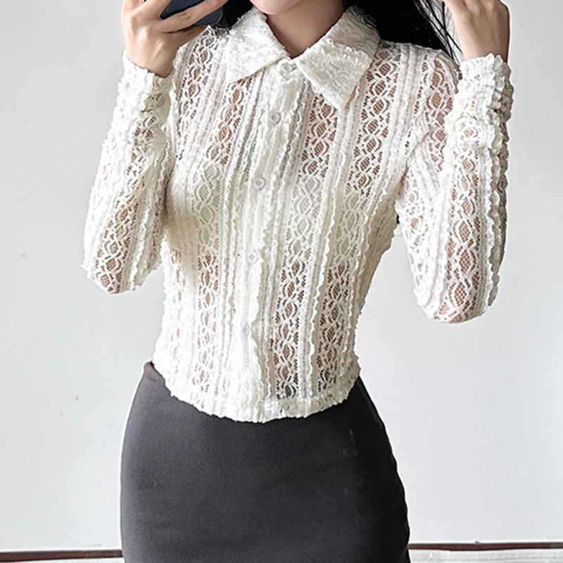 IAMHOTTY Hollow Out Crochet Lace Shirt White Solid See Through Button-up Blouse Sexy Slim-fitting Long Sleeve Tops Korean Style