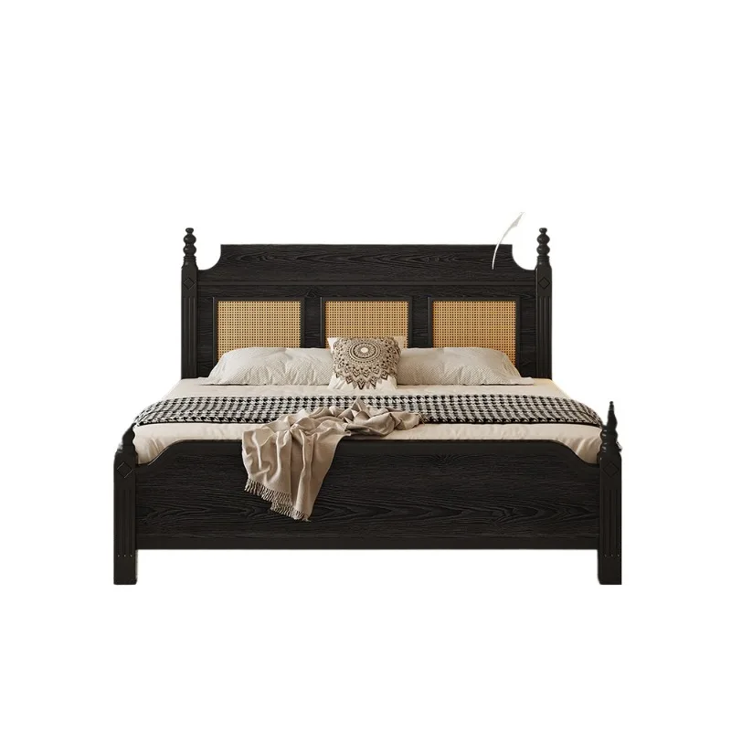 

All solid wood bed, French retro Nanyang American medieval wabi-sabi rattan, new storage
