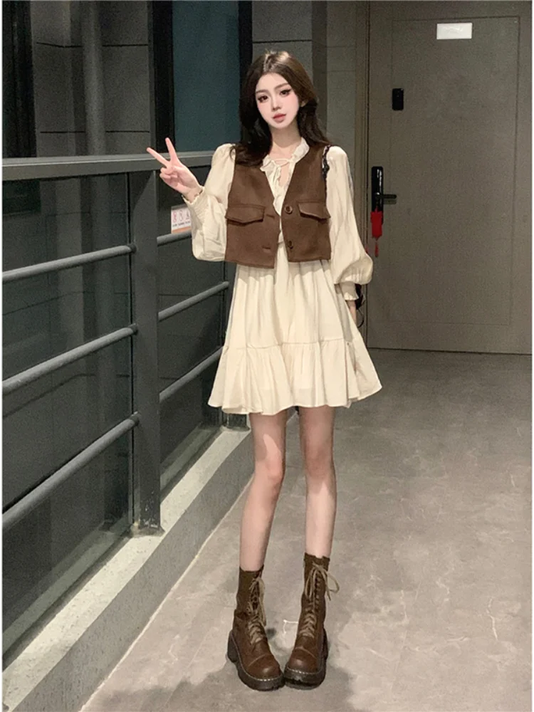 Women Sets Vintage Crop Vests Button-up Fashion Outwear Long Sleeve Mini Dress Pleated Tender V-neck Loose All-match Leisure