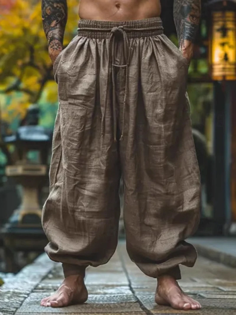 

Vintage Ramie Cotton Sand Pumpkin Pants For Men Spring Summer Fashion Linen Knickerbockers Daily Leisure Vacation Trousers