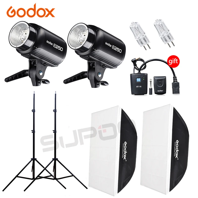 Godox Photography kits E250 220V Flash Light With AT-16 Trigger  50*70 cm Softbox  2m Light Stand to Photography  Studio