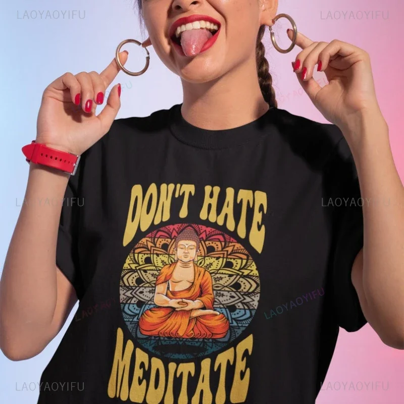 Buddha Design Meditation Printed Vintage T-Shirt Namaste Meditation Yoga Woman Cotton Shirt Meditate Buddha Buddhism Short-sleev