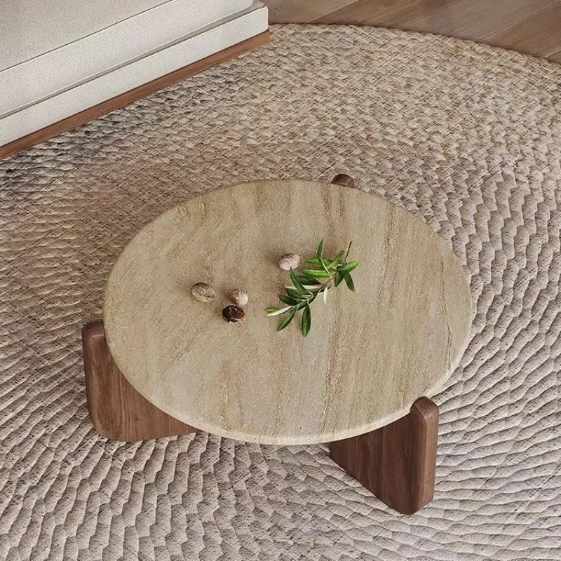 Wabisabi Wind Solid Wood Travertine Coffee Table Minimalist Small Apartment Living Room Household Round Balcony Marble Low Table