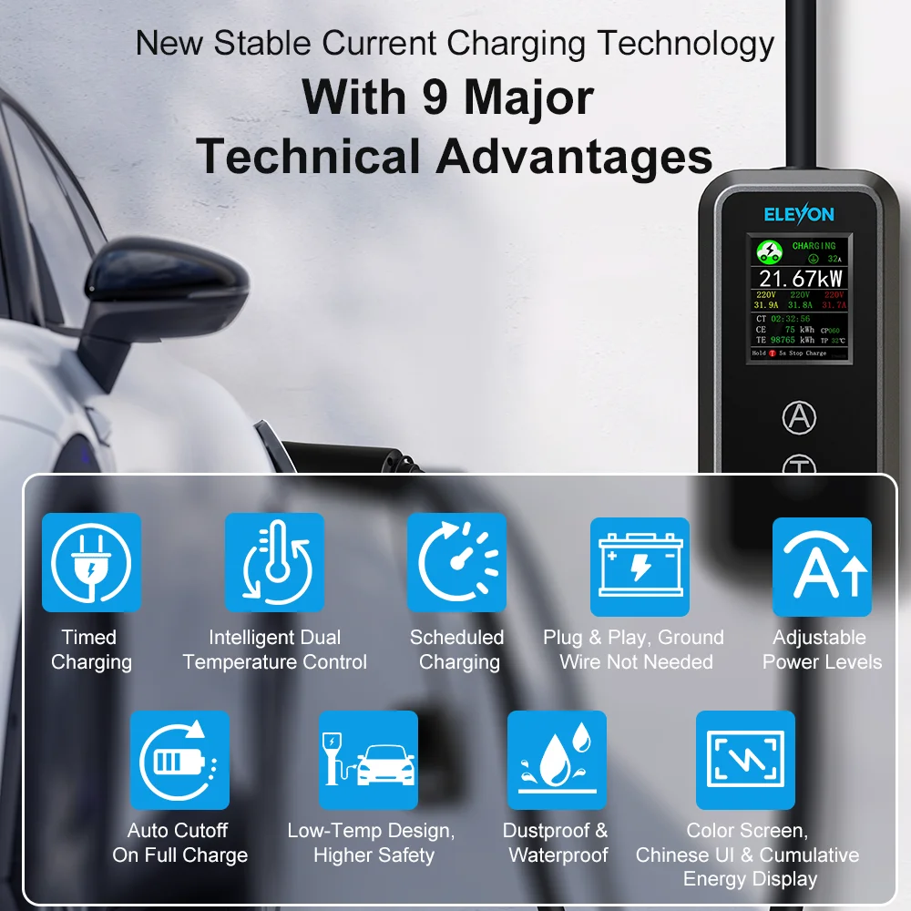 ELEVON 22KW GB/T Portable Electric Car Charger 32A Three-Phase EVSE Fast Charging Cable IP67 Waterproof for Electric Vehicles