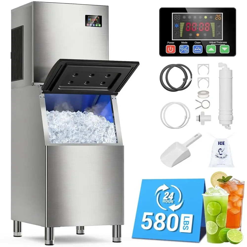 Commercial Ice Maker Machine, 580LBS/24H Ice Production with 400LBS Storage Bin, Industrial Ice Machine with Self-Cleaning, 30 A