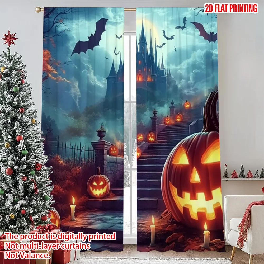 

2pcs 2D flat printing Christmas Window Curtains Pumpkin Castle Versatile Polyester Fabric Without Electricity Family Party Use