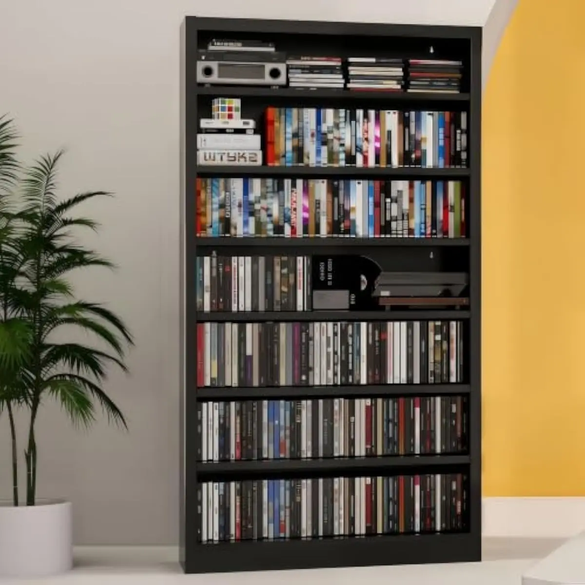 7 Tier Metal DVD Storage Cabinet with Adjustable Shelves, Freestanding Tall Media CD Rack Tower Bookshelf for Living Room Home Entertainment