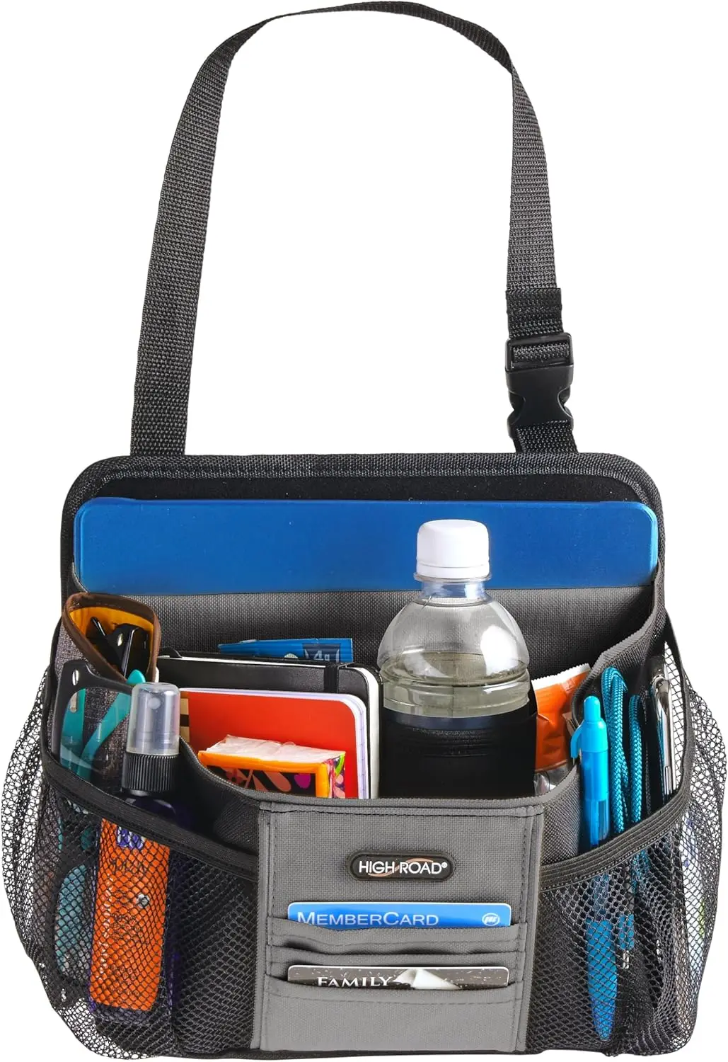

Compact Hanging Car Organizer with Cup Holder and Tablet Sleeve for Driving Essentials