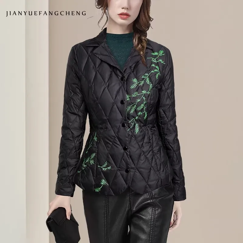 Women' Suit Collar Black Embroidered Ultra-thin Down Jackets Warm Lightweight Duck Down Puffer Coat Elegant Casual Jackets