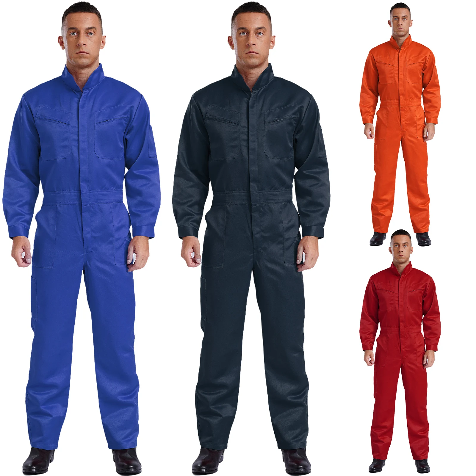 Heren Katoenen Eendelige Overall Bodysuit Opstaande Kraag Lange Mouw Rits Aan De Voorkant Meerdere Zakken Werken Overall Jumpsuit Uniformen