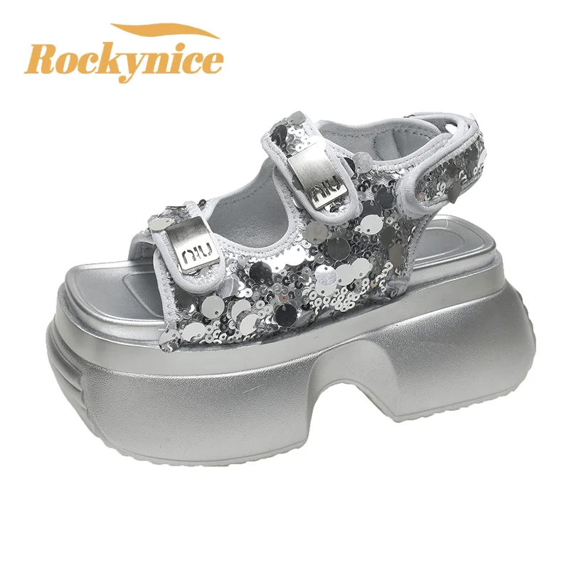 

Summer Women Chunky Sandals Bling Leather High Platform Trainers Breathable Casual Slippers Shoes Woman 8CM Heels Wedge Sneakers