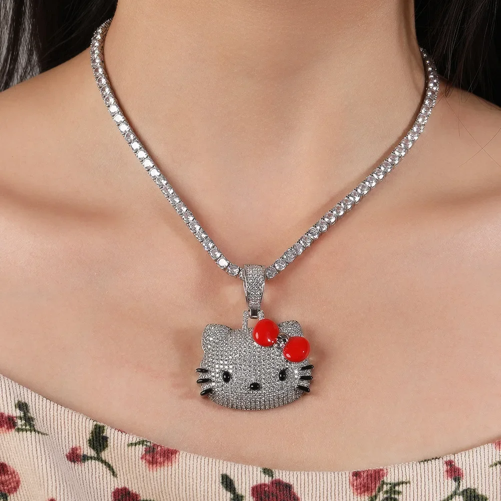 Kawaii diamentowy naszyjnik Hello Kitty diamentowy kubański łańcuszek Sanrio moda akcesoria anime dla mężczyzn i kobiet prezenty świąteczne