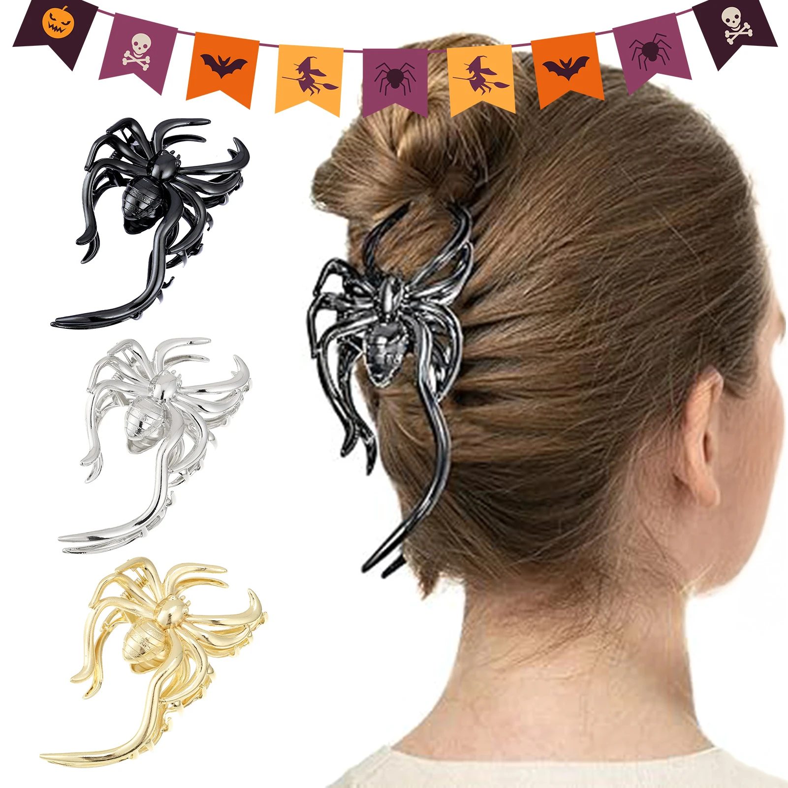 

Alloy Spider Shape Hair Claw Clips Halloween Party Black/Gold/Silver Color Hair Pin For Women Face Washing Ponytail Holder
