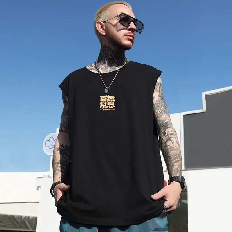 Summer Chinese Character Print Tank Top Men's Hip Hop Fashion Graphic Vest Harajuku Streetwear Oversized Sleeveless T-Shirt