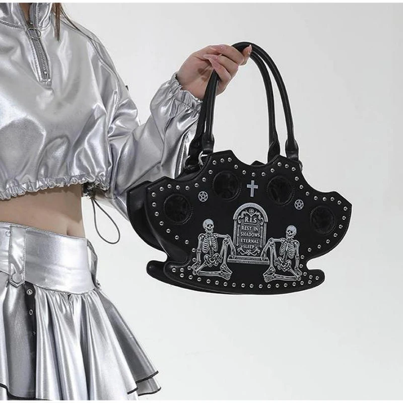Modische Halloween-Totenkopf-Gothic-Handtasche, Persönliche Vintage-Damen-Tragetasche, Schultertasche, Umhängetasche, Street-Style, Punk-Nieten – Detail 6