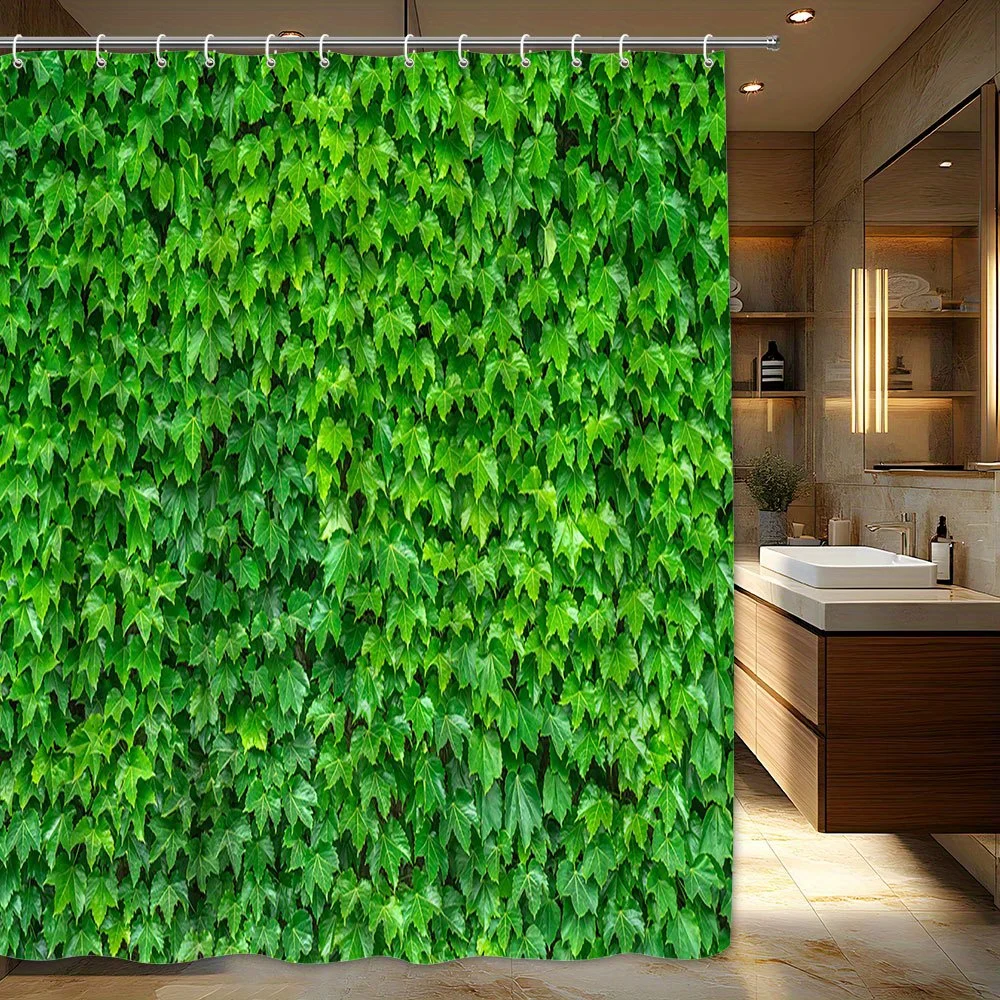 1pc Lush Ivy Leaf Shower Curtain - Glossy Green Polyester Fabric, 70.87x70.87 Inches, Realistic Foliage Design with 12 Hooks, Ma