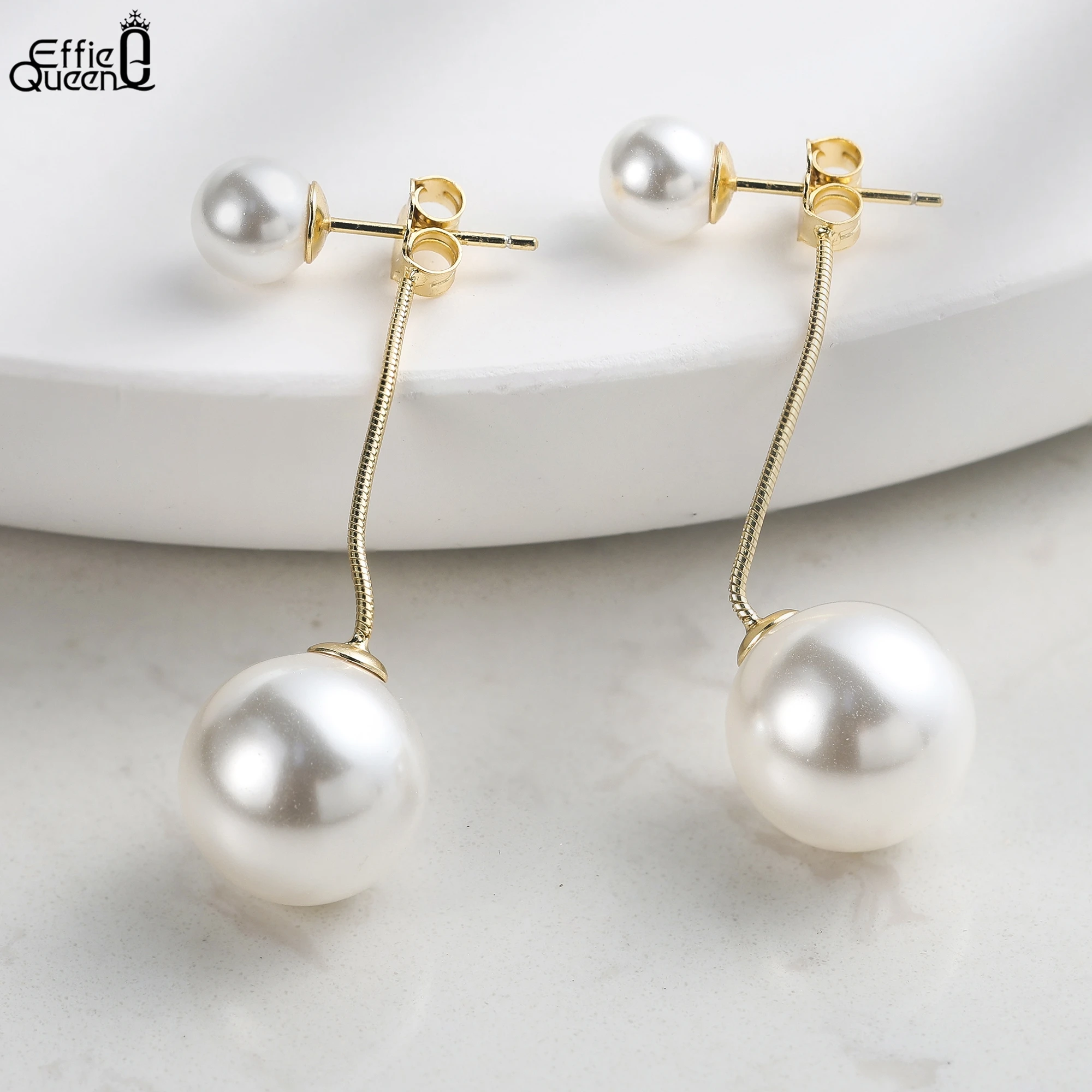 

Effie Queen 100% 925 Sterling Silver 14k Gold Two Round Shell Pearl Drop Earrings Beach Jewelry for Women Summer Beach Ear PSE04