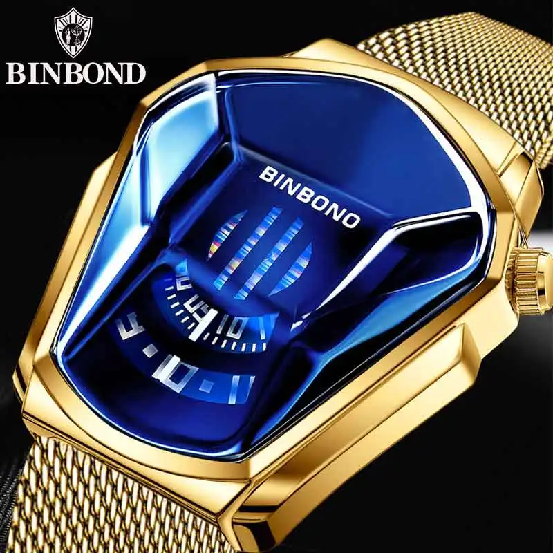 BINBOND 01 Fashion Luxury Unique Military Motorcycle Stainless Steel Waterproof Business Sports Golden Style Concept Men's Watch