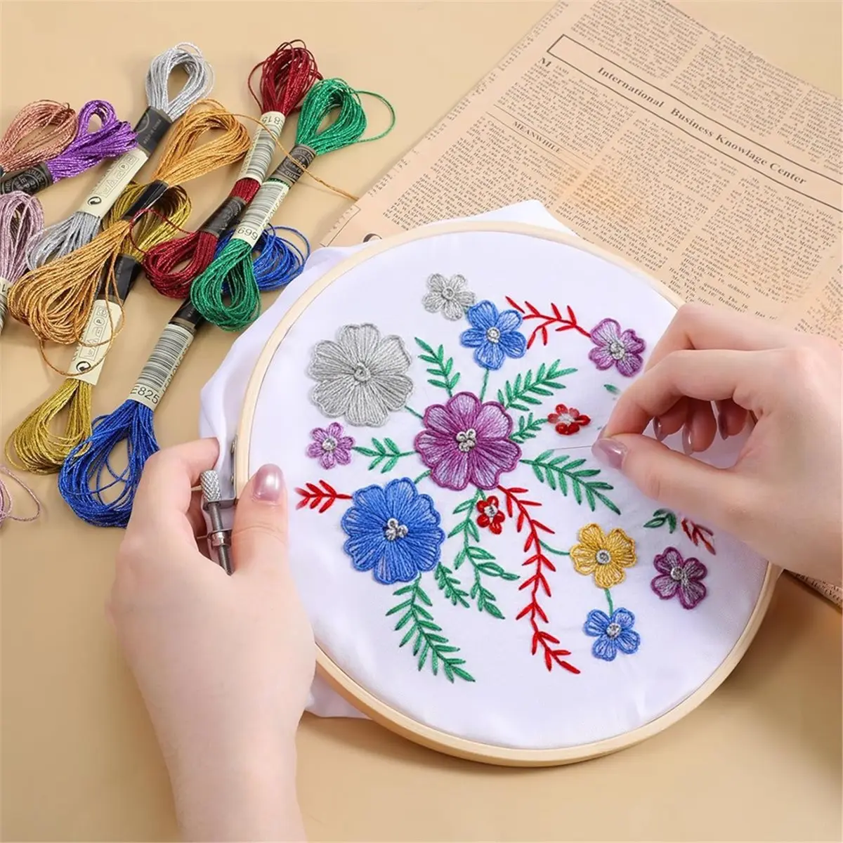 10 Skeins Embroidery Floss with 1Pcs 8 Inch Embroidery Hoop Frame, Circle Imitated Wood Display Frame for DIY Embroidery