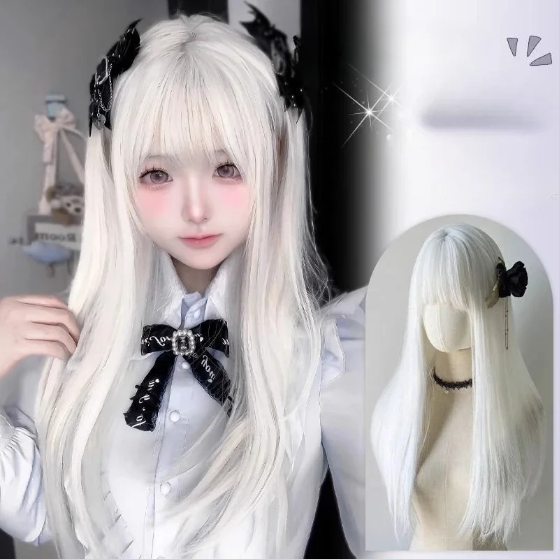 

Long Straight Synthetic Wig White Daily Use Wigs with Bangs for Women Heat Resistant Fibre Cosplay Lolita Party Natural Hair