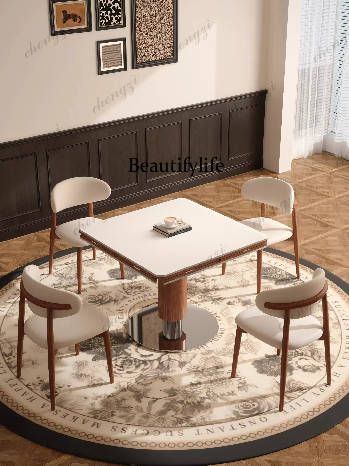 Square Delifeng rock slab dining table, antique style, square and round dual-purpose solid wood telescopic round