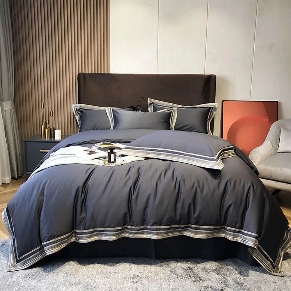 

2024 New Four-piece Bedding Simple Cotton Double Household Bed Sheet Letter Pattern Quilt Cover Comfortable Bedding Dark Gray