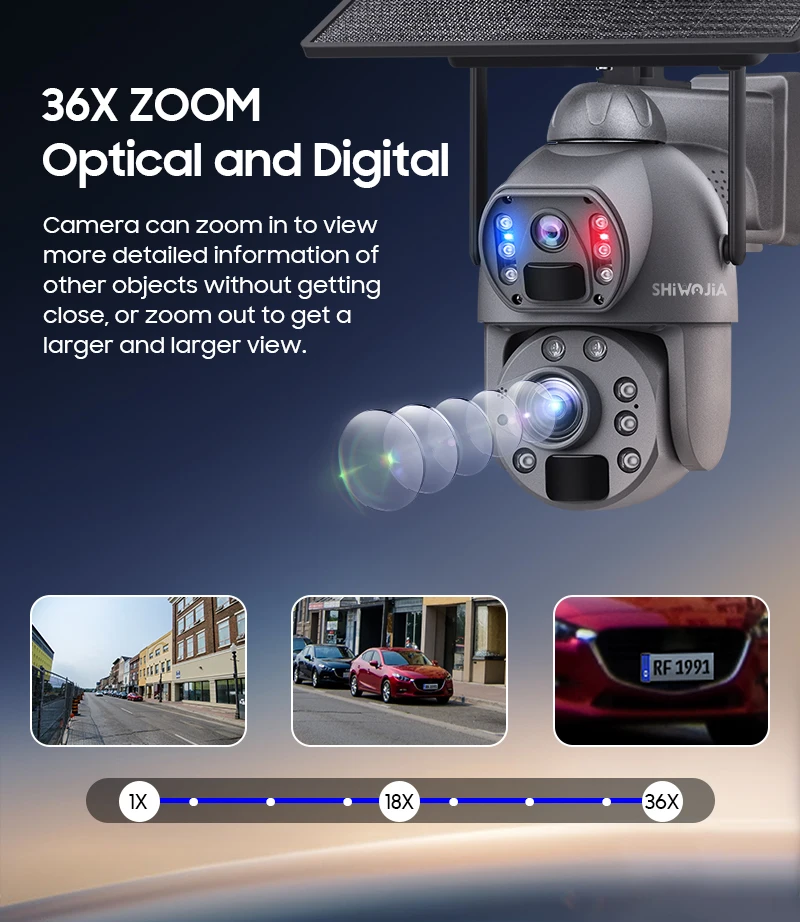 SHIWOJIA 36X ZOOM 12MP 4G SIM Solar Camera Outdoor 360° Wireless WIFI Battery Security Cameras with Solar Panel PIR Night Vision
