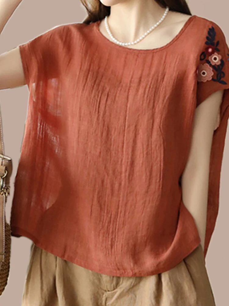 Linen Svel irt Women Summer Thin Japanese Sle Retro Heavy Embroidery Loose round Ne Cotton Linen Vest Top