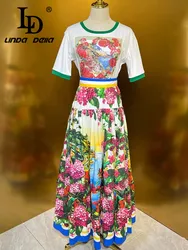 LD LINDA DELLA Fashion Runway Summer Women's Suit Short-Sleeved Tops+Pleated Skirt Casual Holiday Print Cotton 2 piece set