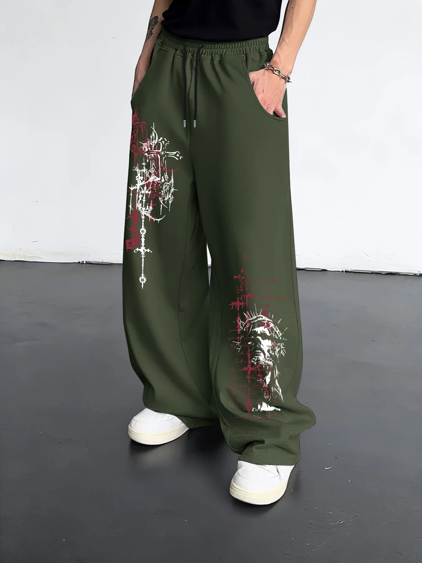 Gothic Dark Cross Sword Graffiti Gerade Jogginghose Unisex für Männer und Frauen Hip-Hop Streetwear Lose Lässige Sporthose – Detail 7