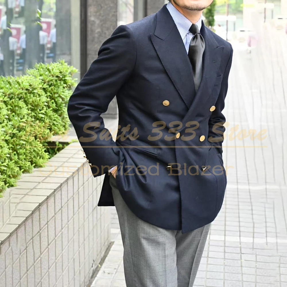 

Elegant Men's Suits Customized Navy Blue Jacket With Grey Pants Sets Formal Business 2 Piece Outfit Eelgant Male Clothing Blazer