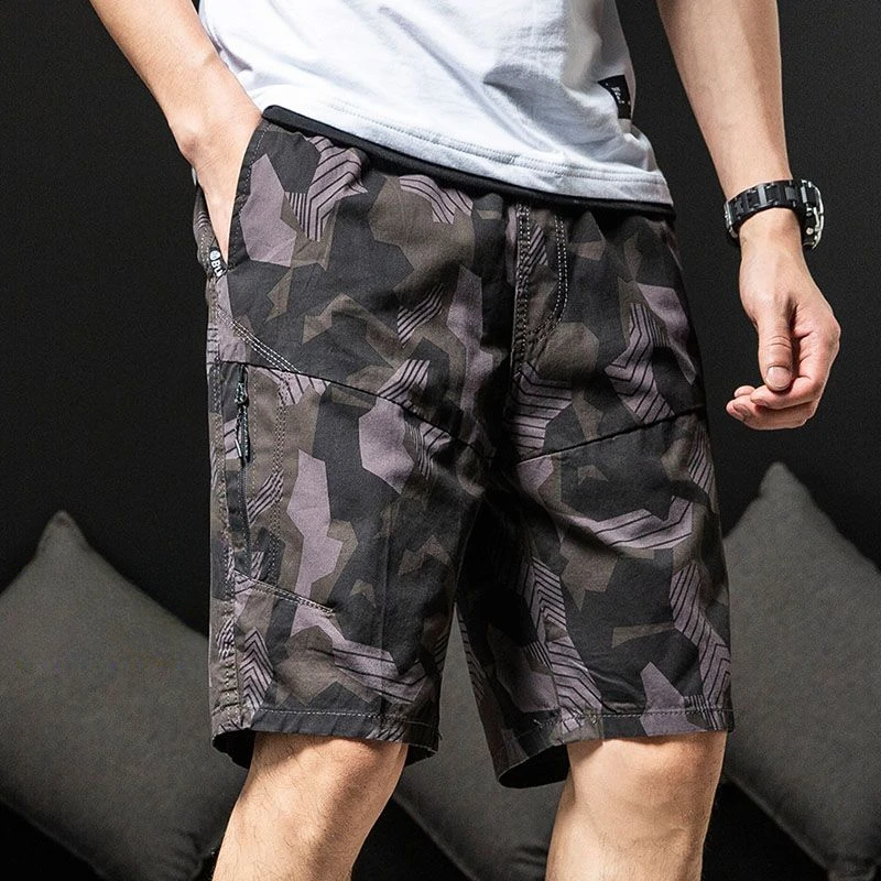 Men\'s Cargo Shorts with Zipper Blue Camo Hiking Male Short Pants Camouflage Multi Pocket Comfortable Wide Jorts Homme New in Y2k