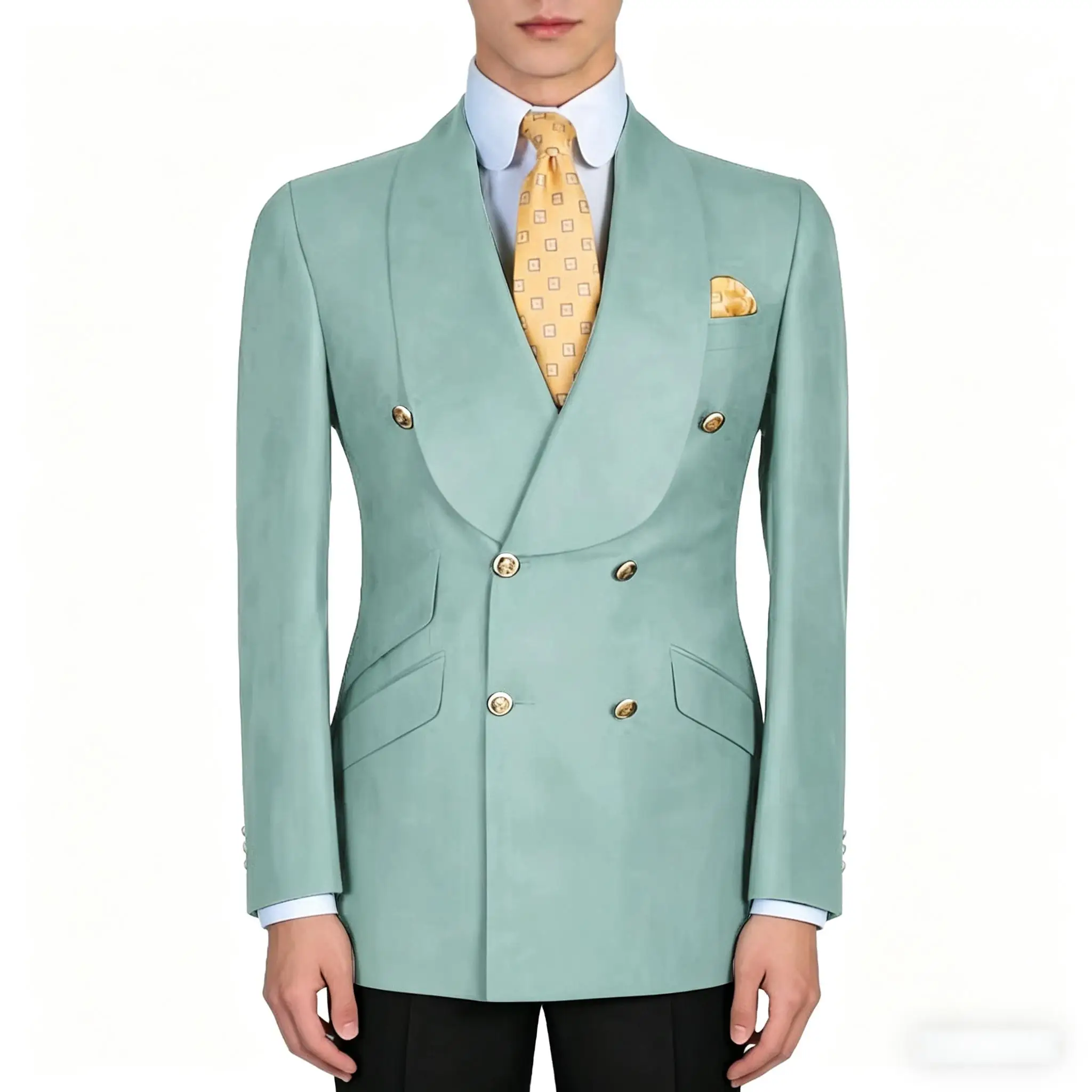 

Mens Mint Green Double Breasted Blazer Slim Fit Shawl Collar Formal Sport Coat with Gold Buttons for Groom Prom Business Casual