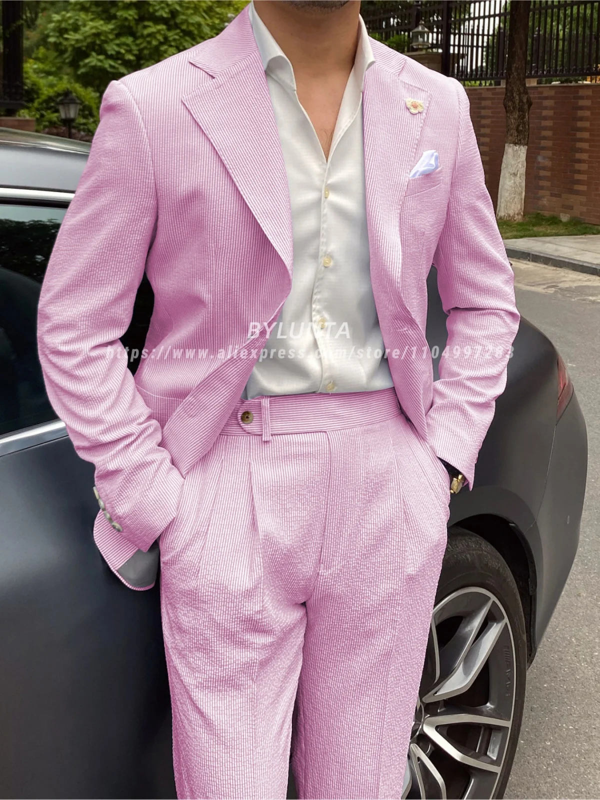 BYLUNTA Mens Suit 2 Piece Slim Fit Stripe Suits Tuxedo Blazer Jackets Pants Set Summer Beach Wedding Outfit for Mennt)