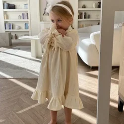 Girls Solid Color Dress 2023 Spring and Autumn Cotton and Linen Lace Up British Styles Temperament Casual Simple A Line Dress