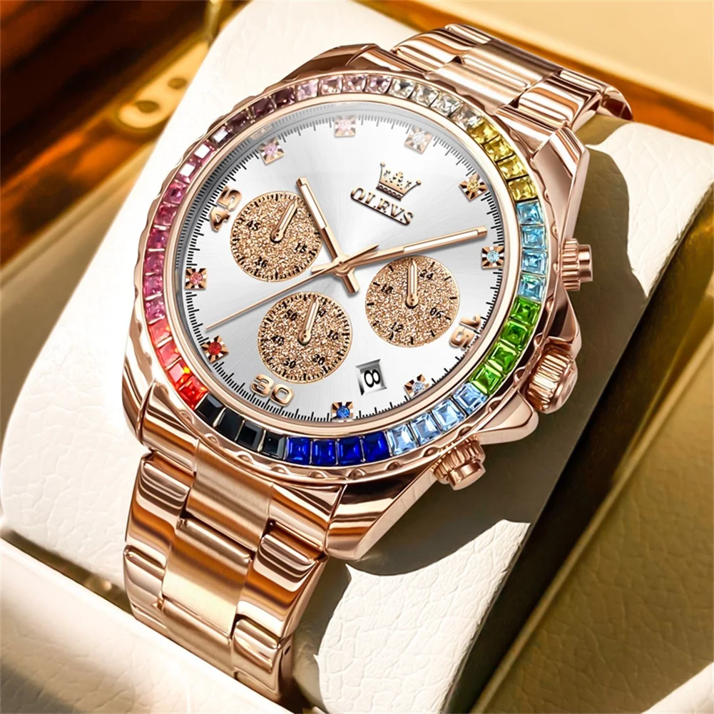 Uhr für Männer OLEVS Regenbogen Edelstein Lünette Business Luxus Top Marke Quarz Uhren Wasserdichte Sport Uhren reloj hombre 6