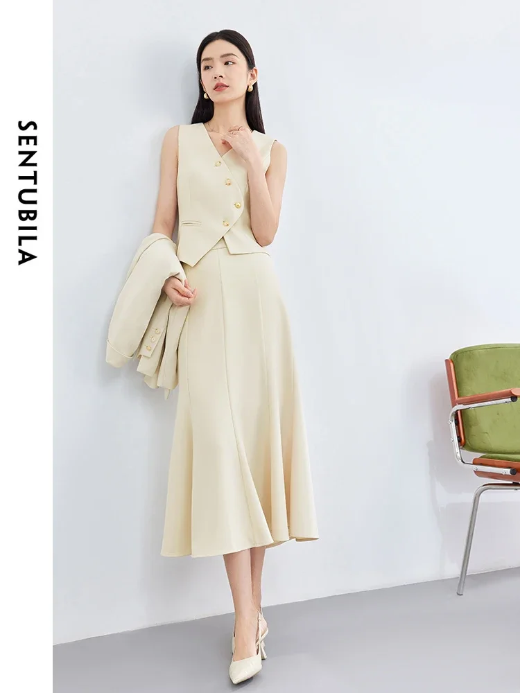SENTUBILA Office Wear 3 Piece Skirt Sets Women 2025 Autumn Outfits Waistcoat Blazer Trumpet Skirt Suit Lady Clothing 141Z52760