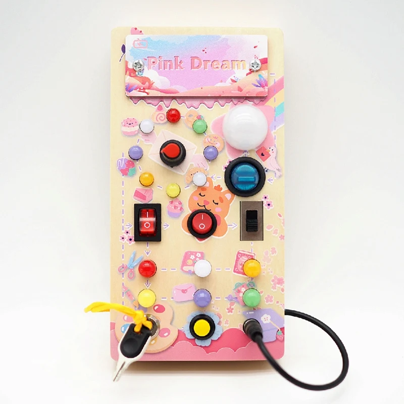 Busy Board, Wooden Busy Board With LED Light Switches, Sensory Toys Light Switch Toys Travel Toys Pink Dream Easy To Use