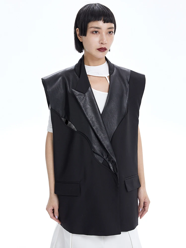 [EAM] Women Black Pu Leather Cut-out Elegant Big Size Long Vest New Lapel Sleeveless Fashion Tide Spring Autumn 2025 17A1555H