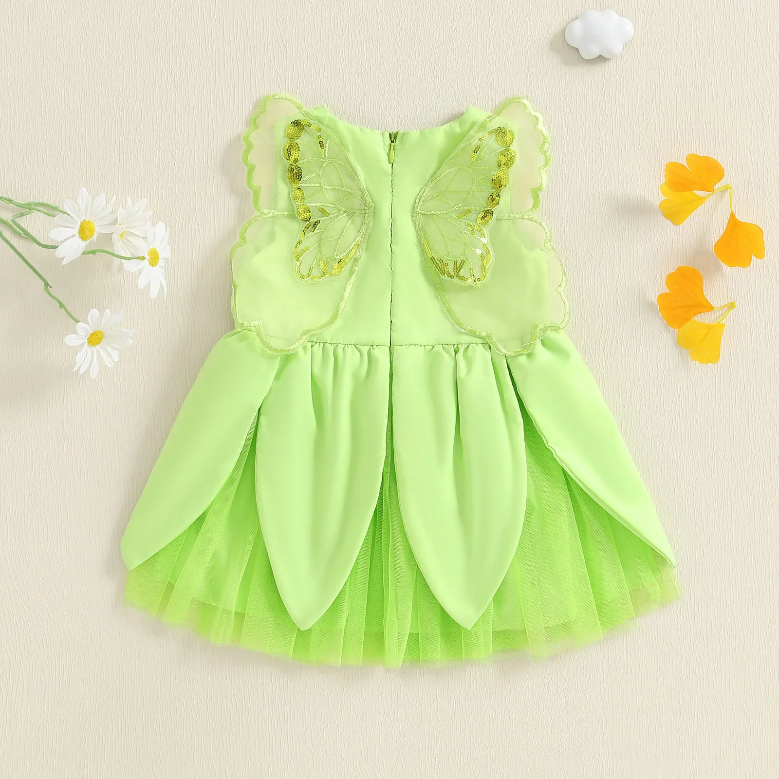 VISgogo 1-4 Years Toddler Girl Princess Dress Mesh Butterfly Wing Solid Zipper Closure Crew Neck Sleeveless A Line Dress