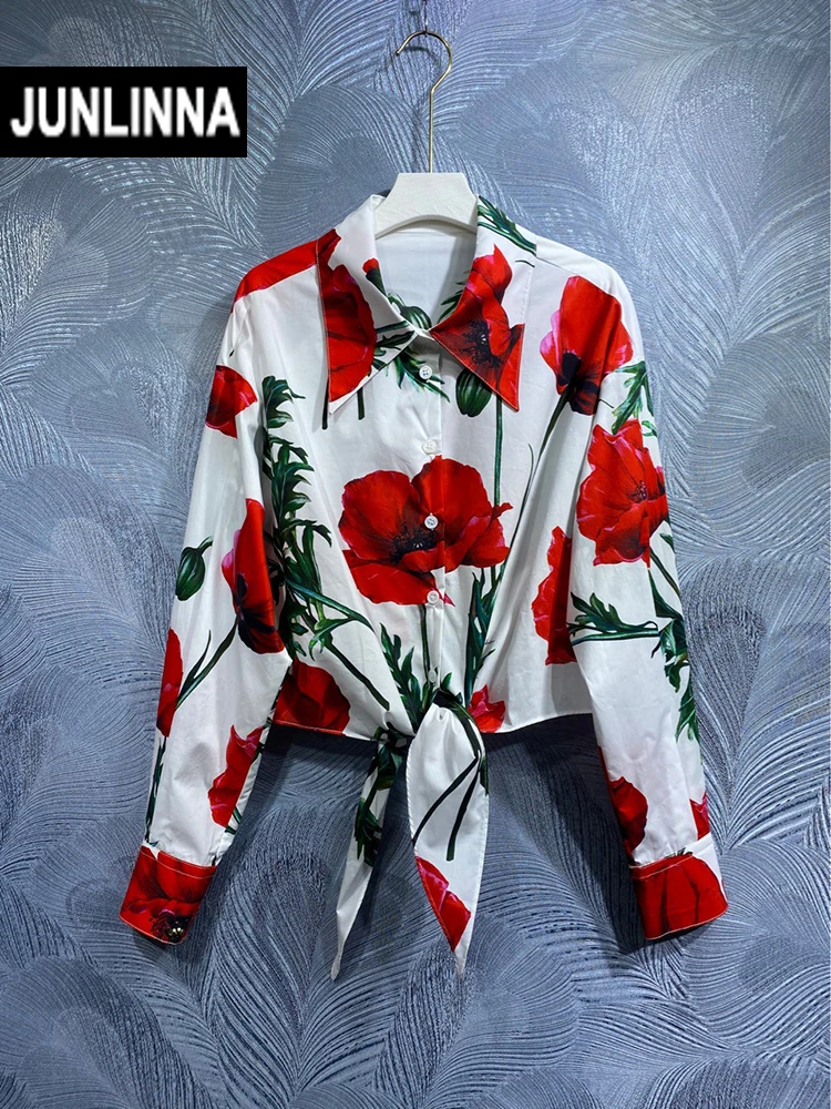 JUNLINNA 100% Cotton Casual Shirts Spring Summer Women Red Flower Printing Blouses High Street Lady Laptops