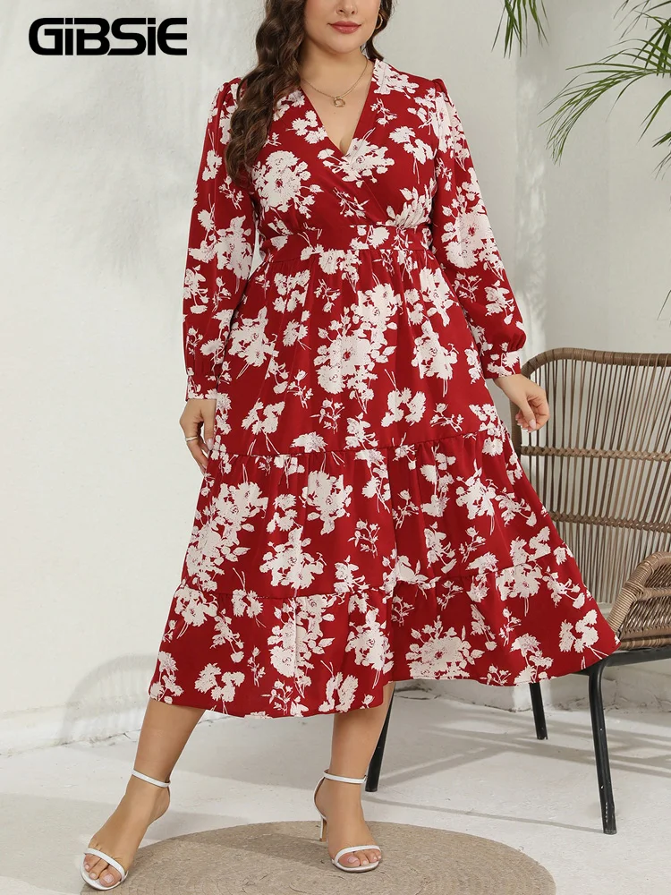 GIBSIE Plus Size V Neck Floral Print Ruffle Hem Boho Dress Women 2024 Spring Holiday Elastic Swing A-Line Beach Long Dresses