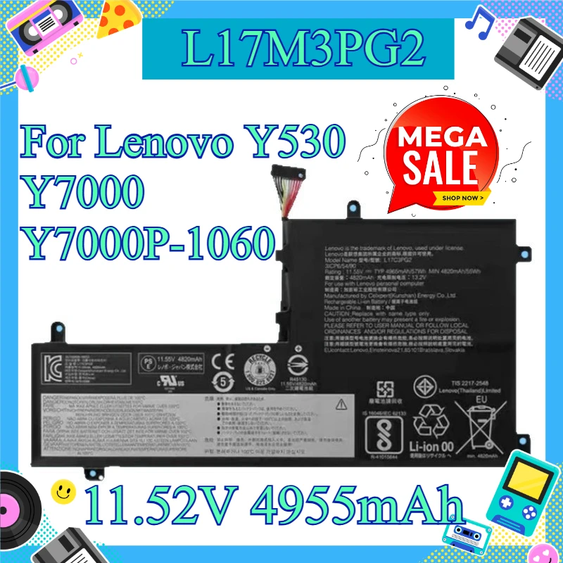 11.52V 4955mAh Replacement Laptop Battery For Lenovo L17M3PG2, Fits Legion Y530 Y7000 Y7000P‑1060 2018 2019