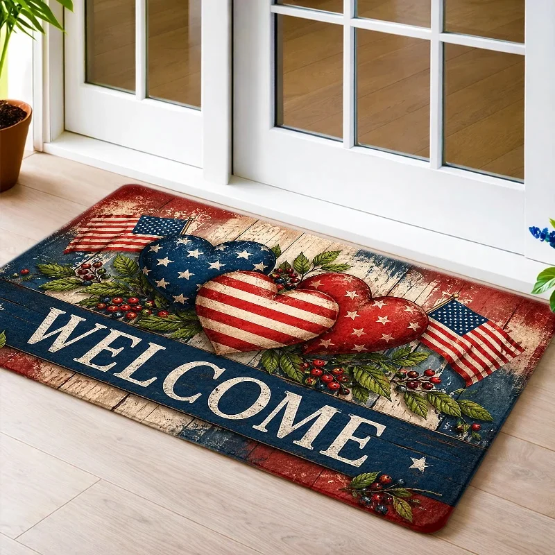 Patriotic USA Welcome Doormat American Flag Entry Rug Polyester Polyester Household Decor Rustic Style House Mat for Front Door