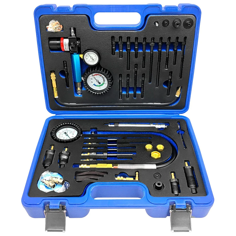 

46PCS Compression Leakage Test Kit Petrol Diesel Engine Dual Gauge Automotive Cylinder Leak Down Tester for HDI TDCi Pumpe Duse