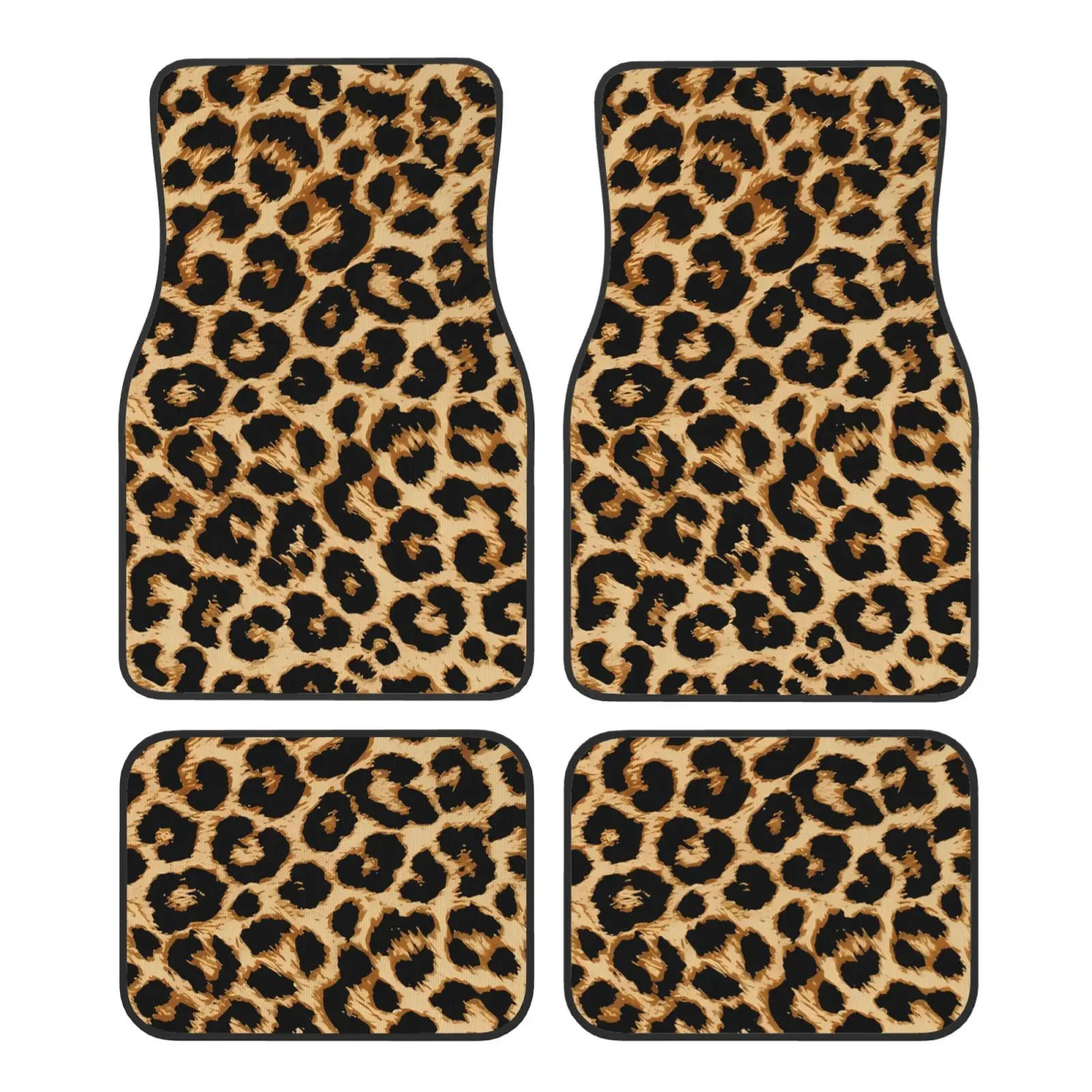 Brown Leopard Print Auto Carpet Car Floor Mats 4Pieces Front Rear Rubber Backing Auto Pads Rugs Brown Heavy Dust Car Pad Cushion